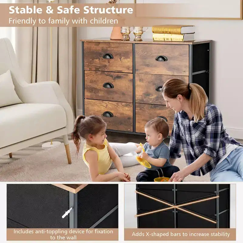 Commode 6 tiroirs Costway avec tour de rangement en tissu et plateau en bois, organiseur de coffre marron rustique