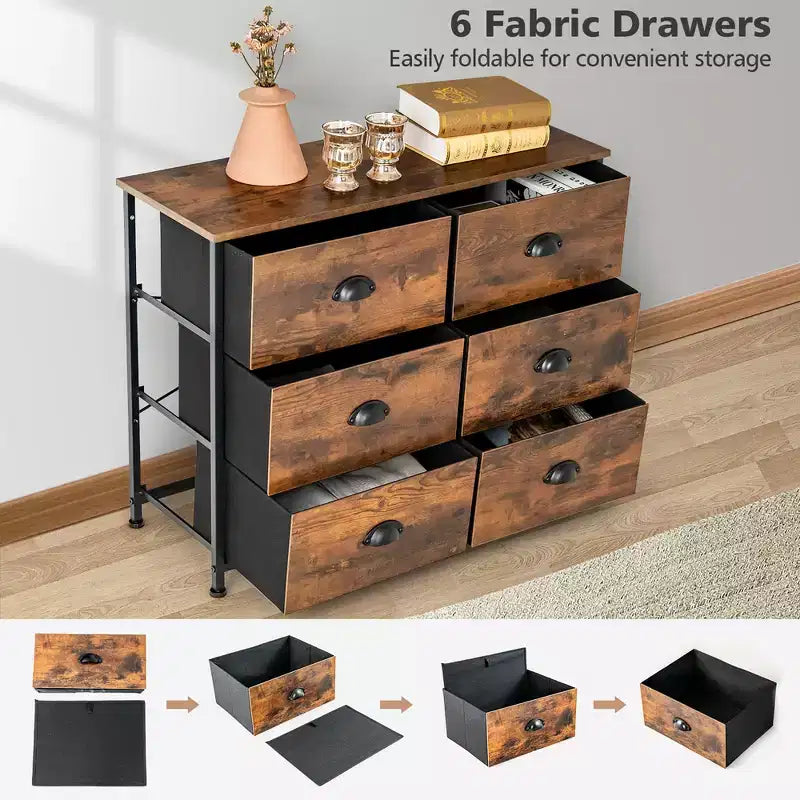 Commode 6 tiroirs Costway avec tour de rangement en tissu et plateau en bois, organiseur de coffre marron rustique