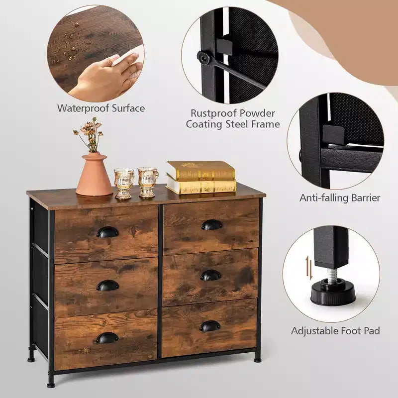 Commode 6 tiroirs Costway avec tour de rangement en tissu et plateau en bois, organiseur de coffre marron rustique