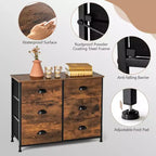Commode 6 tiroirs Costway avec tour de rangement en tissu et plateau en bois, organiseur de coffre marron rustique