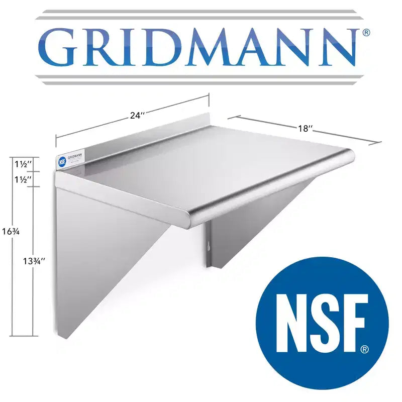Étagères murales de cuisine GRIDMANN en acier inoxydable, profondeur 18 po, avec dosseret - Certifié NSF