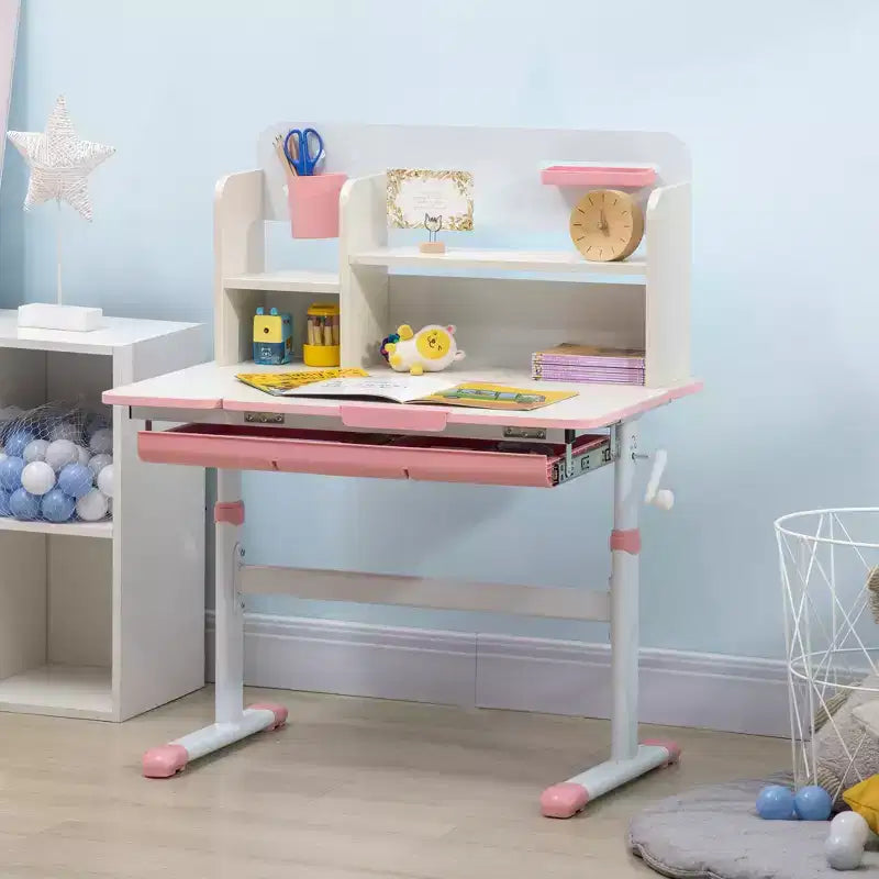 Bureau d'enfant Qaba, table d'étude scolaire réglable en hauteur pour enfants, bureau d'écriture pour étudiant avec plateau inclinable, tiroir, étagère de rangement, porte-stylo