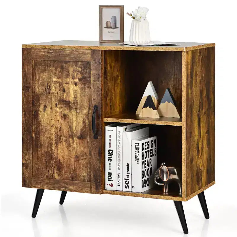Meuble de rangement Mid-century Costway avec porte, placard avec 4 pieds, étagère réglable, marron rustique