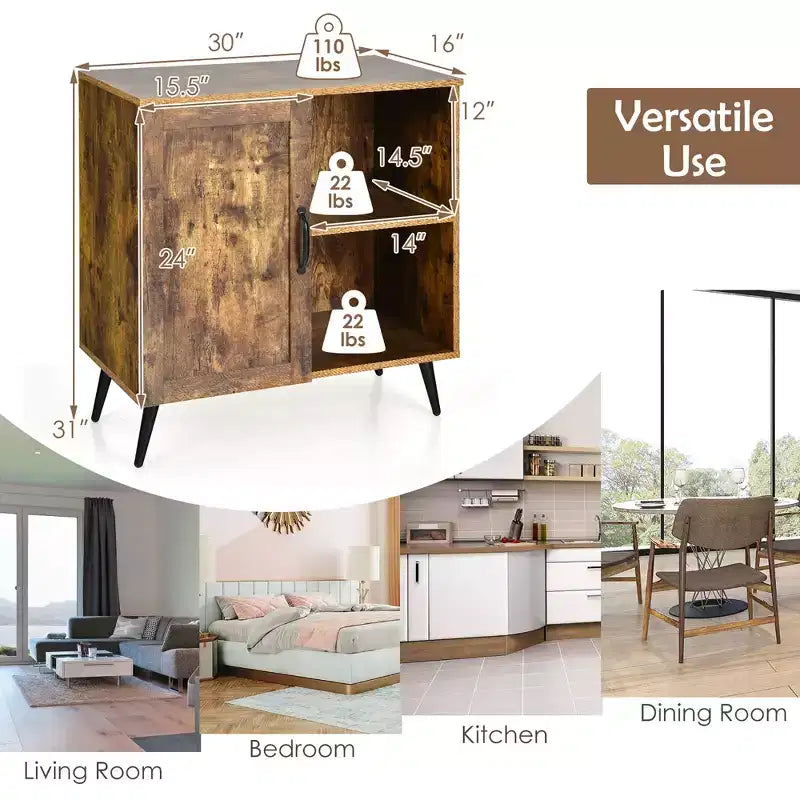 Meuble de rangement Mid-century Costway avec porte, placard avec 4 pieds, étagère réglable, marron rustique
