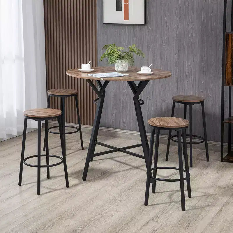 HOMCOM Ensemble table et 4 tabourets de bar industriels 5 pièces, table à manger peu encombrante pour pub et cuisine, marron