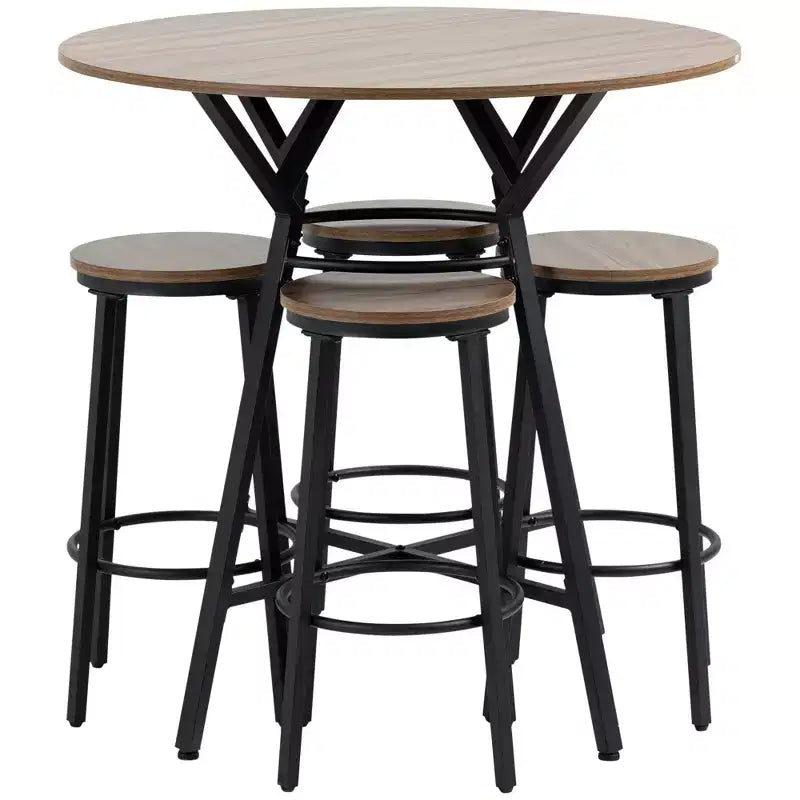 HOMCOM Ensemble table et 4 tabourets de bar industriels 5 pièces, table à manger peu encombrante pour pub et cuisine, marron