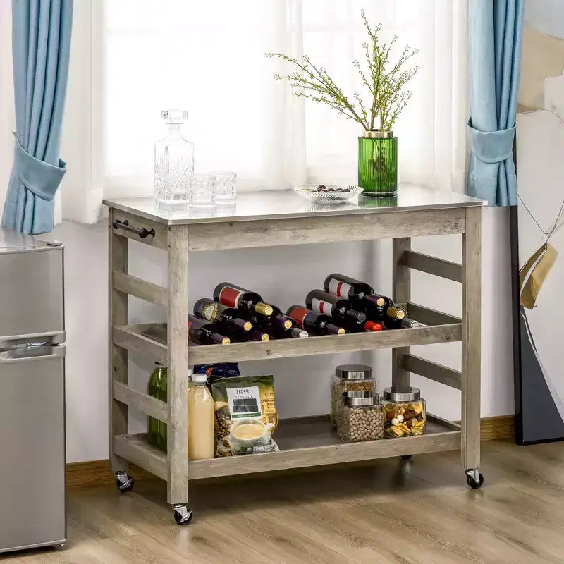 Desserte de cuisine HOMCOM avec plan de travail en acier inoxydable, 1 étagère inférieure, 1 étagère centrale à lattes et 4 roulettes, gris