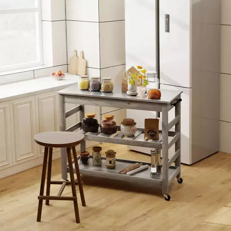 Desserte de cuisine HOMCOM avec plan de travail en acier inoxydable, 1 étagère inférieure, 1 étagère centrale à lattes et 4 roulettes, gris