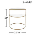Kensington Hill Danica Table d'appoint moderne en métal 25 x 22 1/4 Or, 2 niveaux, demi-lune, verre trempé blanc pour salon, chambre à coucher, chevet