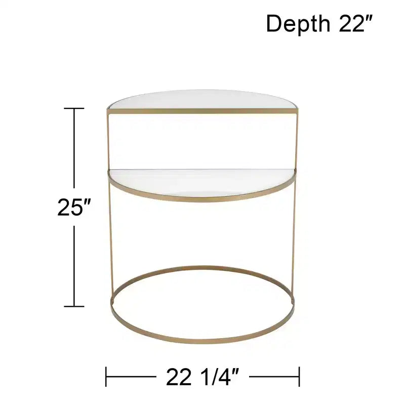 Kensington Hill Danica Table d'appoint moderne en métal 25 x 22 1/4 Or, 2 niveaux, demi-lune, verre trempé blanc pour salon, chambre à coucher, chevet