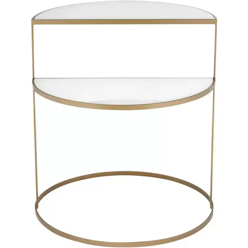 Kensington Hill Danica Table d'appoint moderne en métal 25 x 22 1/4 Or, 2 niveaux, demi-lune, verre trempé blanc pour salon, chambre à coucher, chevet