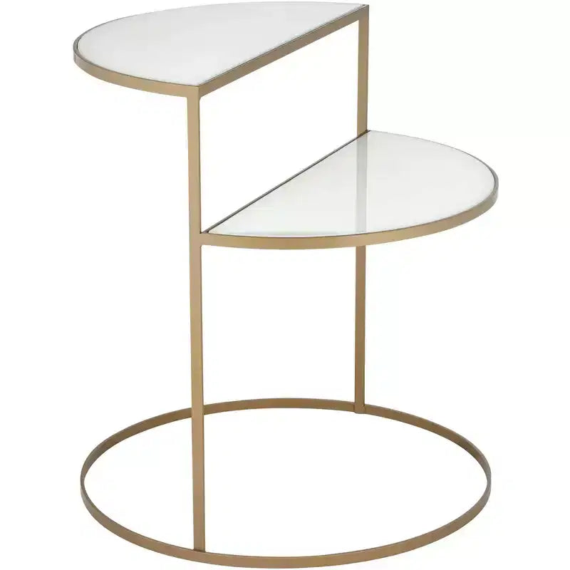 Kensington Hill Danica Table d'appoint moderne en métal 25 x 22 1/4 Or, 2 niveaux, demi-lune, verre trempé blanc pour salon, chambre à coucher, chevet