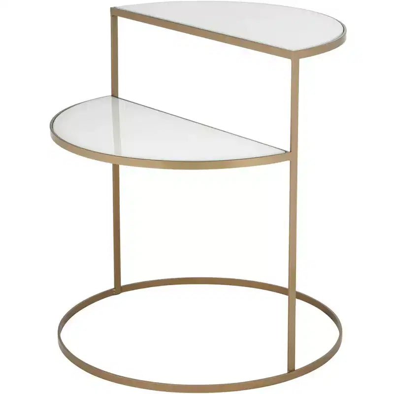 Kensington Hill Danica Table d'appoint moderne en métal 25 x 22 1/4 Or, 2 niveaux, demi-lune, verre trempé blanc pour salon, chambre à coucher, chevet