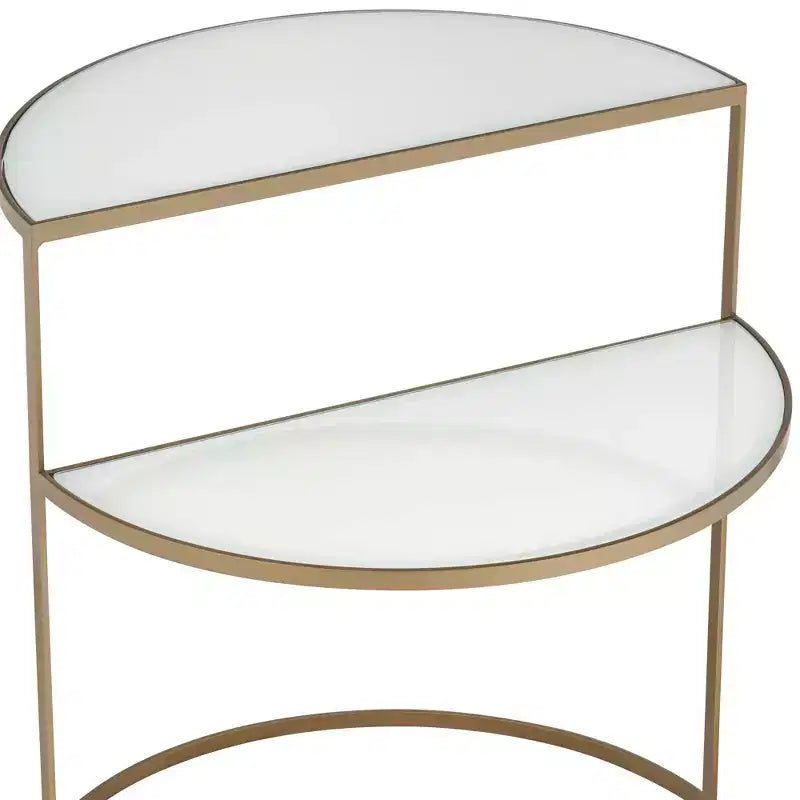 Kensington Hill Danica Table d'appoint moderne en métal 25 x 22 1/4 Or, 2 niveaux, demi-lune, verre trempé blanc pour salon, chambre à coucher, chevet