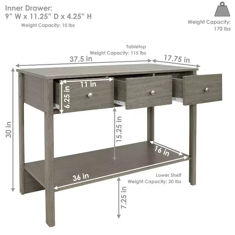 Sunnydaze – Console d'entrée d'intérieur en MDF avec 3 tiroirs – 76 cm H – Gris tonnerre