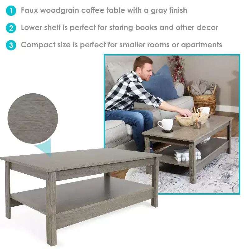 Sunnydaze Table Basse d'Intérieur en MDF avec Étagère Inférieure - 40,6 cm H - Gris Tonnerre