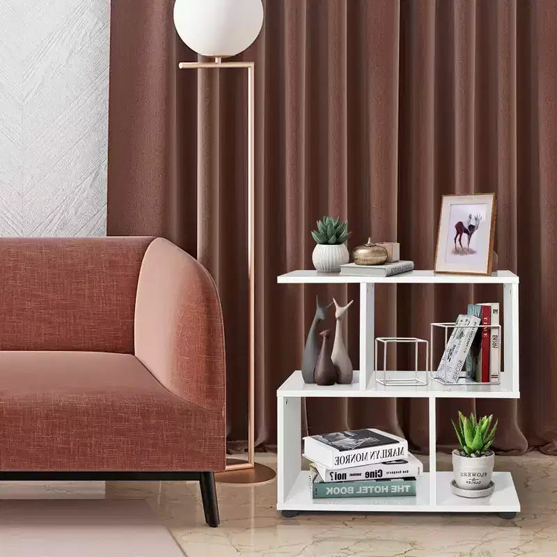 Costway Étagère à Livres 2 Niveaux Bibliothèque en Forme de S Meuble de Rangement avec Tapis de Pieds Épais
