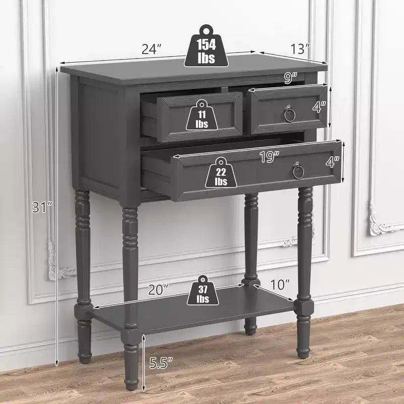 Console d'entrée Costway avec 3 tiroirs et étagère ouverte pour couloir et salon Gris foncé