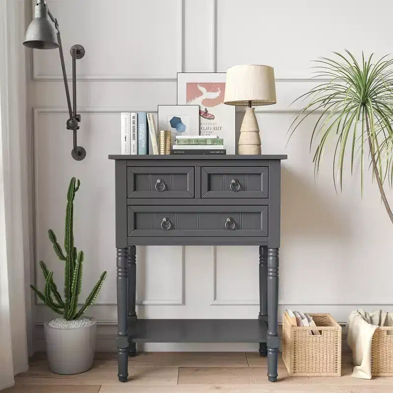 Console d'entrée Costway avec 3 tiroirs et étagère ouverte pour couloir et salon Gris foncé
