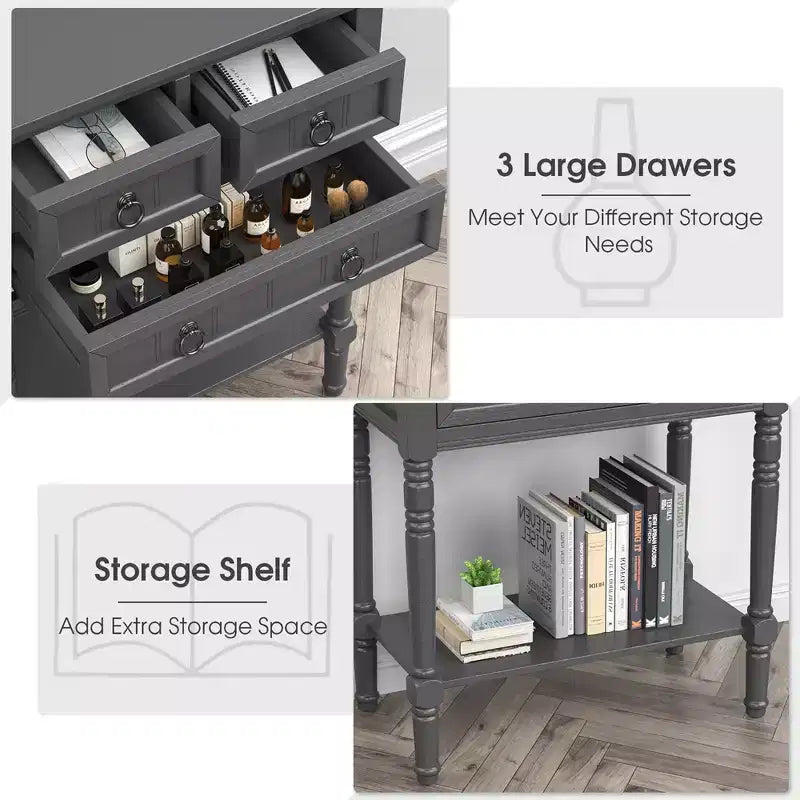 Console d'entrée Costway avec 3 tiroirs et étagère ouverte pour couloir et salon Gris foncé