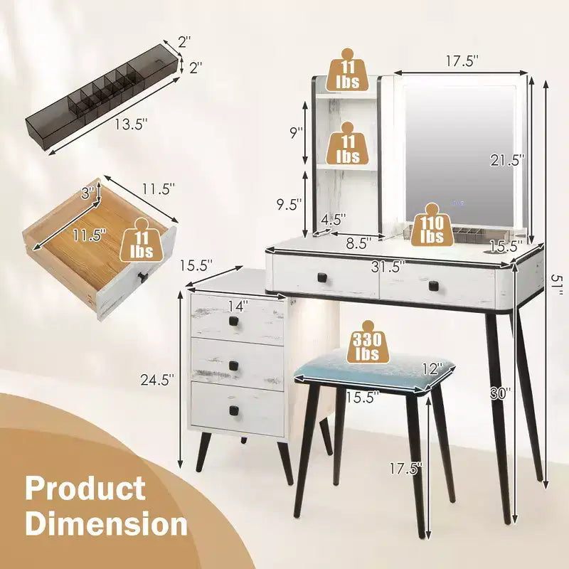 Coiffeuse Costway avec miroir éclairé dimmable 3 modes d'éclairage