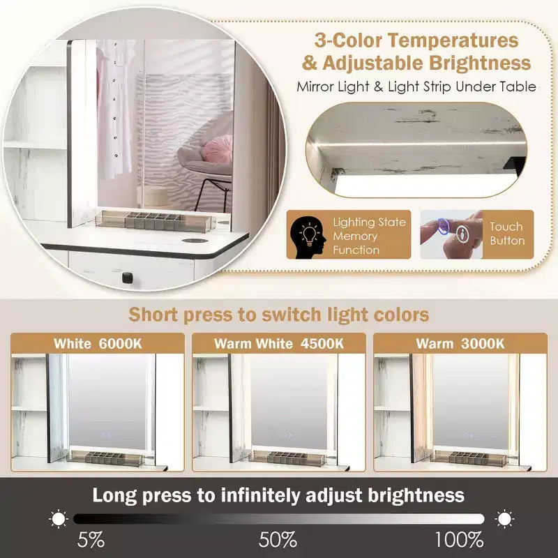 Coiffeuse Costway avec miroir éclairé dimmable 3 modes d'éclairage