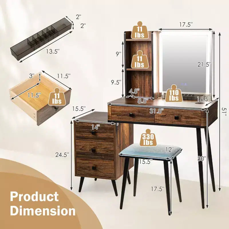 Coiffeuse Costway avec miroir éclairé dimmable 3 modes d'éclairage
