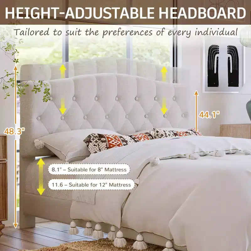 Cadre de lit plateforme en lin rembourré avec tête de lit capitonnée incurvée réglable Beige-ModernLuxe