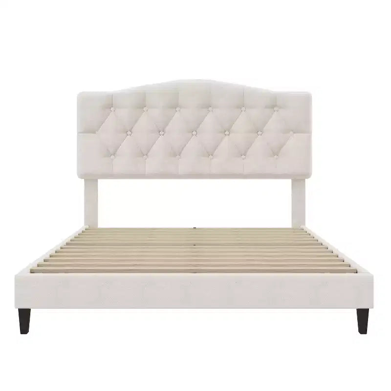 Cadre de lit plateforme en lin rembourré avec tête de lit capitonnée incurvée réglable Beige-ModernLuxe