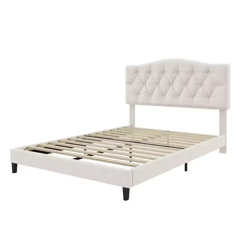Cadre de lit plateforme en lin rembourré avec tête de lit capitonnée incurvée réglable Beige-ModernLuxe