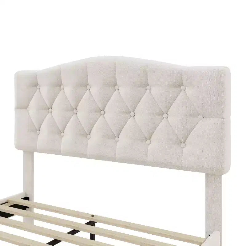 Cadre de lit plateforme en lin rembourré avec tête de lit capitonnée incurvée réglable Beige-ModernLuxe
