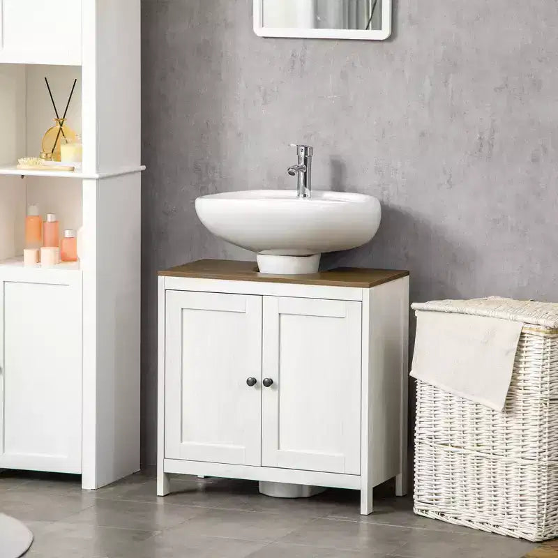 Meuble sous-lavabo kleankin, meuble de salle de bain sur pied, placard de rangement autoportant avec étagère réglable, deux portes, blanc antique