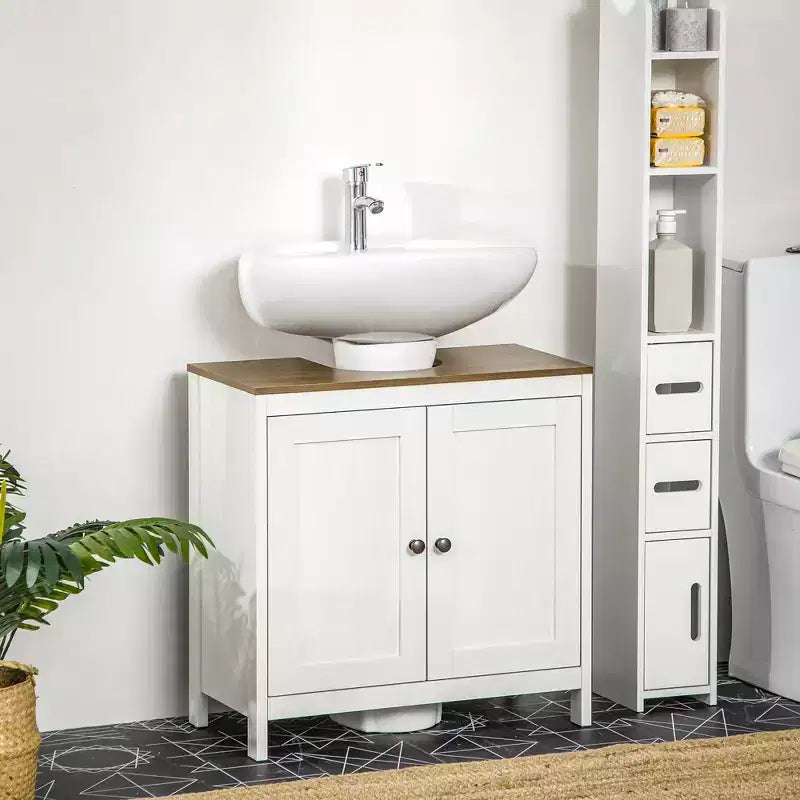 Meuble sous-lavabo kleankin, meuble de salle de bain sur pied, placard de rangement autoportant avec étagère réglable, deux portes, blanc antique