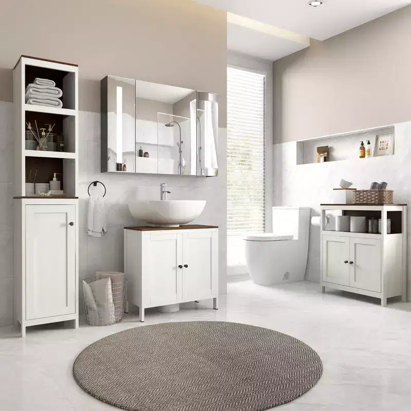 Meuble sous-lavabo kleankin, meuble de salle de bain sur pied, placard de rangement autoportant avec étagère réglable, deux portes, blanc antique