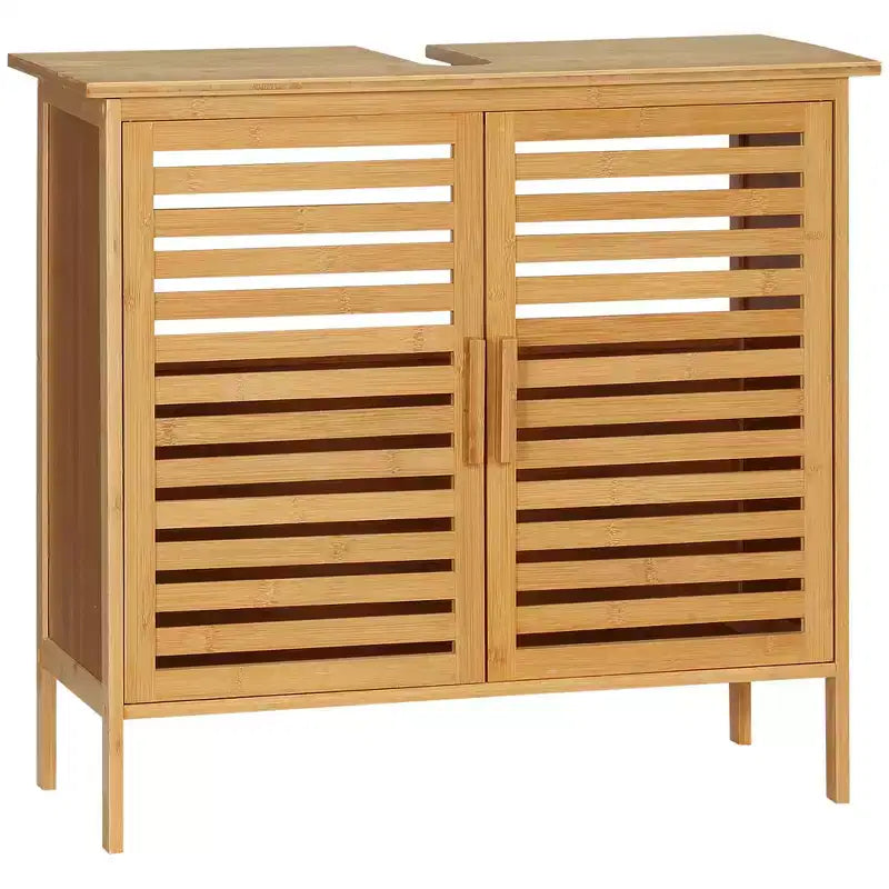 kleankin Bamboo Under Sink Cabinet with 2 Slatted Doors, Freestanding Bathroom Sink Cabinet Space Saver Bathroom Organizer, Natural