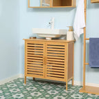 Meuble sous-lavabo en bambou kleankin avec 2 portes à lattes, meuble de lavabo de salle de bain autoportant, économiseur d'espace, organisateur de salle de bain, naturel