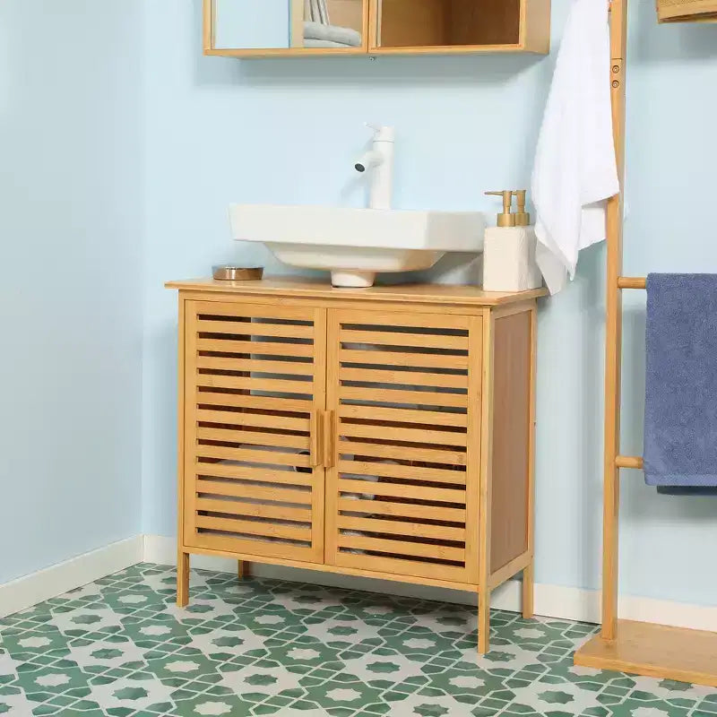 Meuble sous-lavabo en bambou kleankin avec 2 portes à lattes, meuble de lavabo de salle de bain autoportant, économiseur d'espace, organisateur de salle de bain, naturel