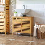 Meuble sous-lavabo en bambou kleankin avec 2 portes à lattes, meuble de lavabo de salle de bain autoportant, économiseur d'espace, organisateur de salle de bain, naturel