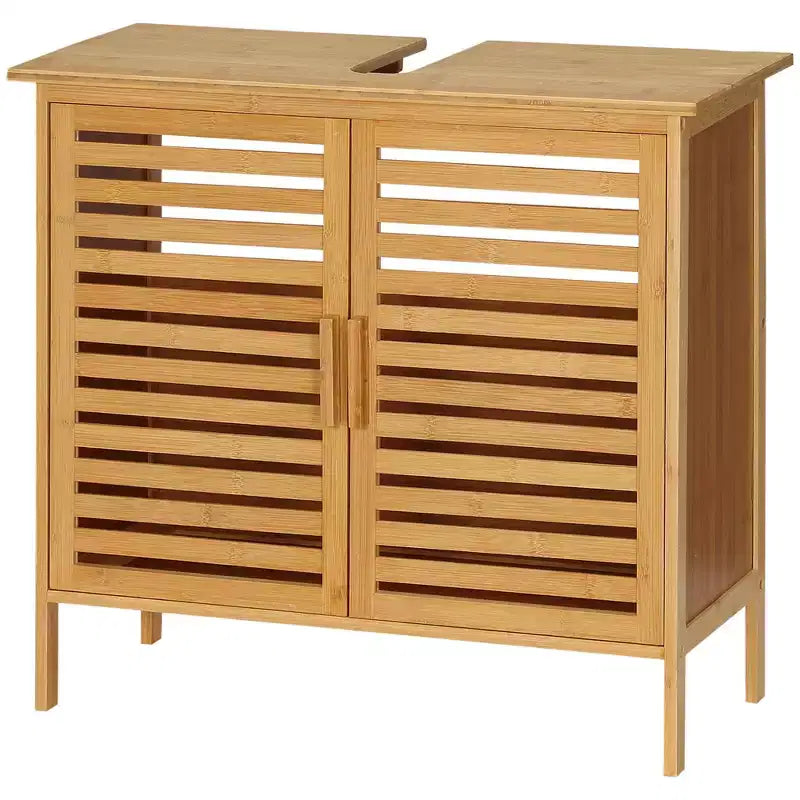 Meuble sous-lavabo en bambou kleankin avec 2 portes à lattes, meuble de lavabo de salle de bain autoportant, économiseur d'espace, organisateur de salle de bain, naturel