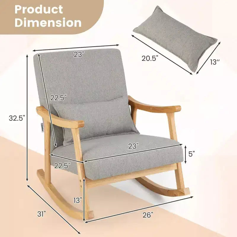 Costway Fauteuil à Bascule Rembourré avec Oreiller Fauteuil à Bascule avec Cadre en Bois d'Hévéa Gris