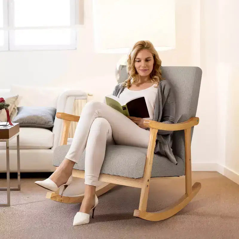 Costway Fauteuil à Bascule Rembourré avec Oreiller Fauteuil à Bascule avec Cadre en Bois d'Hévéa Gris