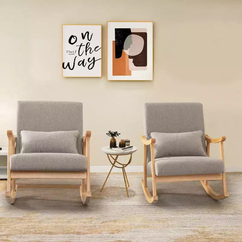 Costway Fauteuil à Bascule Rembourré avec Oreiller Fauteuil à Bascule avec Cadre en Bois d'Hévéa Gris