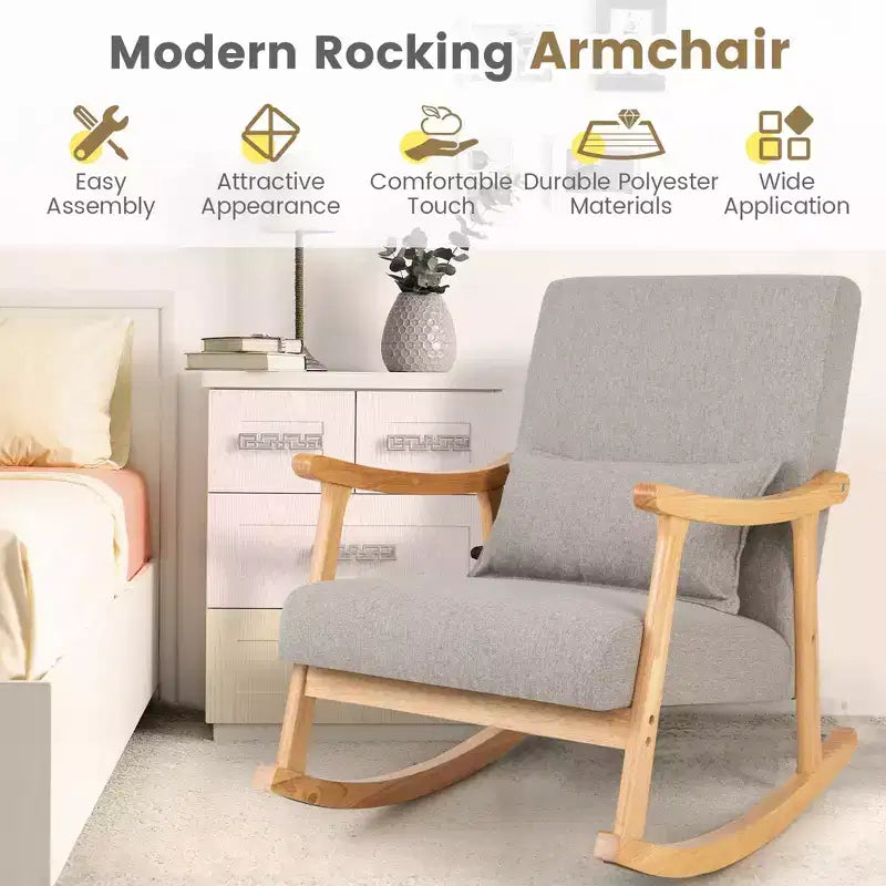 Costway Fauteuil à Bascule Rembourré avec Oreiller Fauteuil à Bascule avec Cadre en Bois d'Hévéa Gris