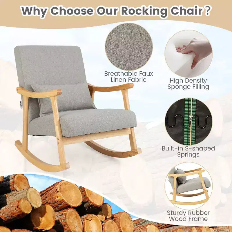 Costway Fauteuil à Bascule Rembourré avec Oreiller Fauteuil à Bascule avec Cadre en Bois d'Hévéa Gris