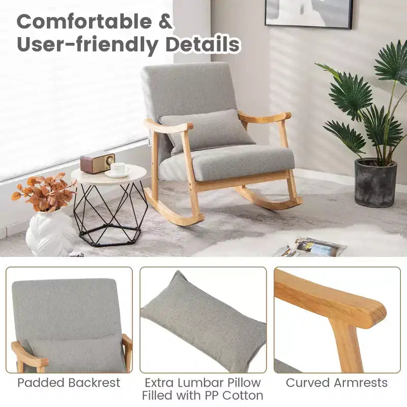 Costway Fauteuil à Bascule Rembourré avec Oreiller Fauteuil à Bascule avec Cadre en Bois d'Hévéa Gris