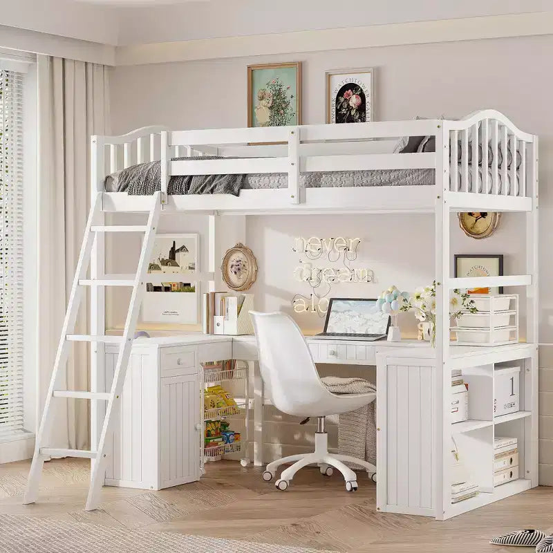 Lit superposé en bois taille double avec tiroirs, armoire, étagères et bureau - ModernLuxe