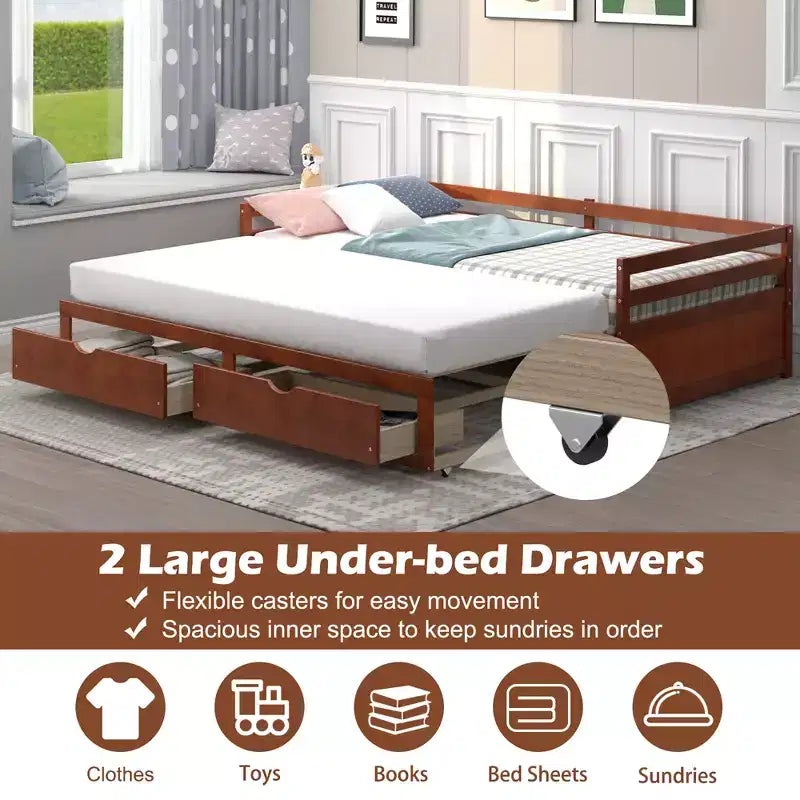 Lit de repos double Costway convertible en lit king-size avec 2 tiroirs, canapé-lit en bois pour chambre et salon, blanc/cerisier