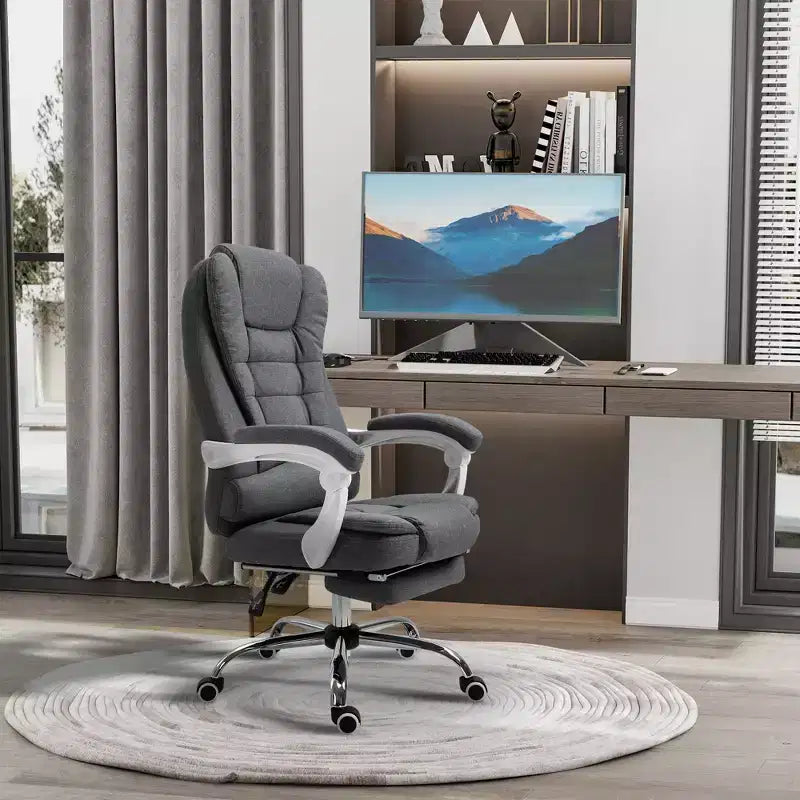 Chaise de bureau de direction à dossier haut Vinsetto avec repose-pieds, chaise d'ordinateur en tissu de lin avec accoudoirs rembourrés, gris