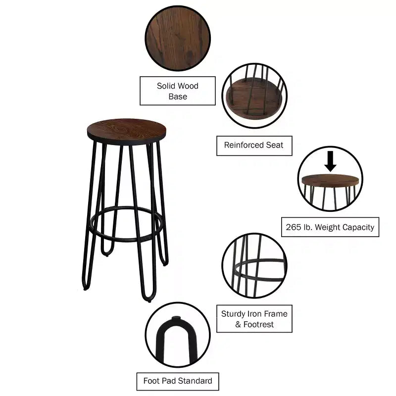 Lavish Home Lot de 4 tabourets de bar modernes de style ferme de hauteur comptoir, 61 cm, sans dossier, avec pieds en épingle à cheveux, assise en bois pour cuisine ou salle à manger