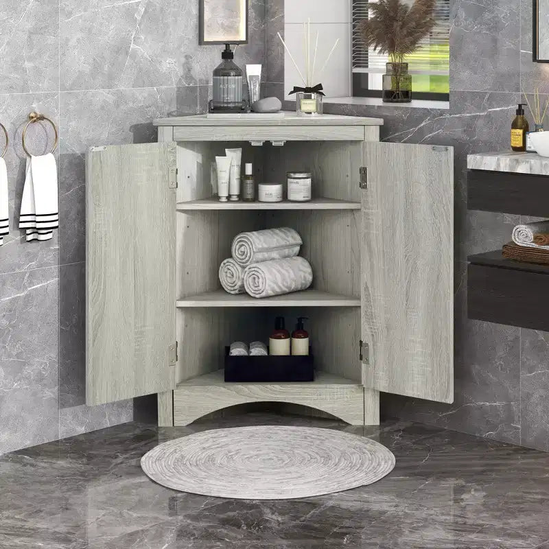 Meuble de rangement d'angle de salle de bain rustique avec étagères réglables, meuble au sol en bois autoportant - ModernLuxe